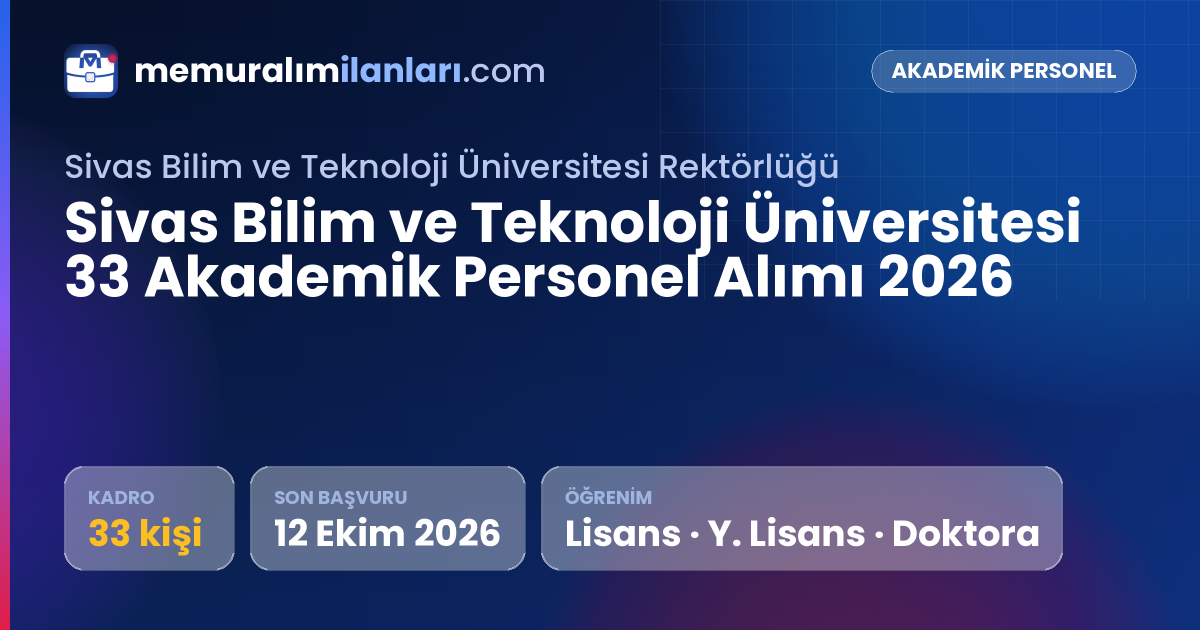 Sivas Bilim ve Teknoloji Üniversitesi 33 Akademik Personel Alımı 2026 — ilan kartı: 33 kadro, son başvuru 12 Ekim 2026