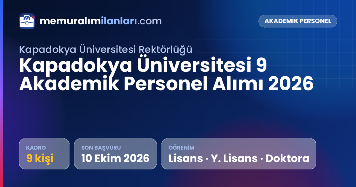 Kapadokya Üniversitesi 9 Akademik Personel Alımı 2026 — ilan kartı: 9 kadro, son başvuru 10 Ekim 2026