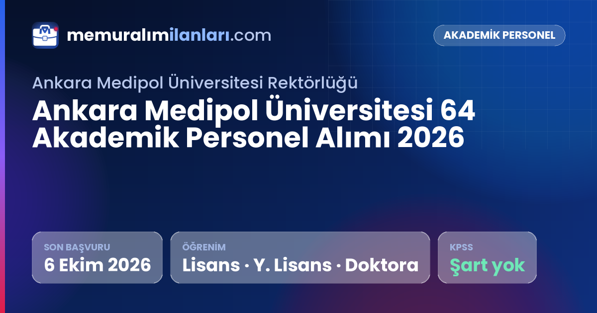 Ankara Medipol Üniversitesi 64 Akademik Personel Alımı 2026 — ilan kartı: son başvuru 6 Ekim 2026