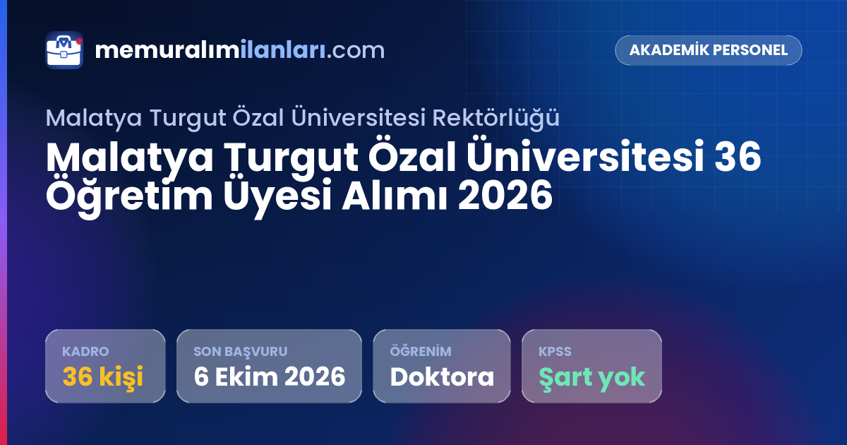 Malatya Turgut Özal Üniversitesi 36 Öğretim Üyesi Alımı 2026 — ilan kartı: 36 kadro, son başvuru 6 Ekim 2026