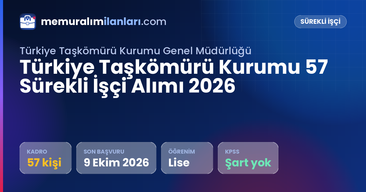 Türkiye Taşkömürü Kurumu 57 Sürekli İşçi Alımı 2026 — ilan kartı: 57 kadro, son başvuru 9 Ekim 2026