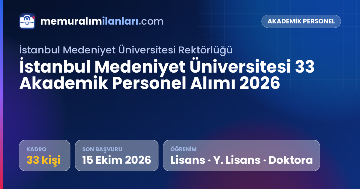 İstanbul Medeniyet Üniversitesi 33 Akademik Personel Alımı 2026 — ilan kartı: 33 kadro, son başvuru 15 Ekim 2026