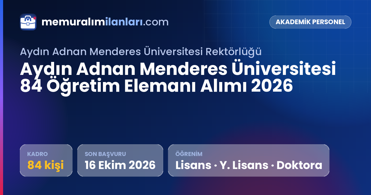 Aydın Adnan Menderes Üniversitesi 84 Öğretim Elemanı Alımı 2026 — ilan kartı: 84 kadro, son başvuru 16 Ekim 2026