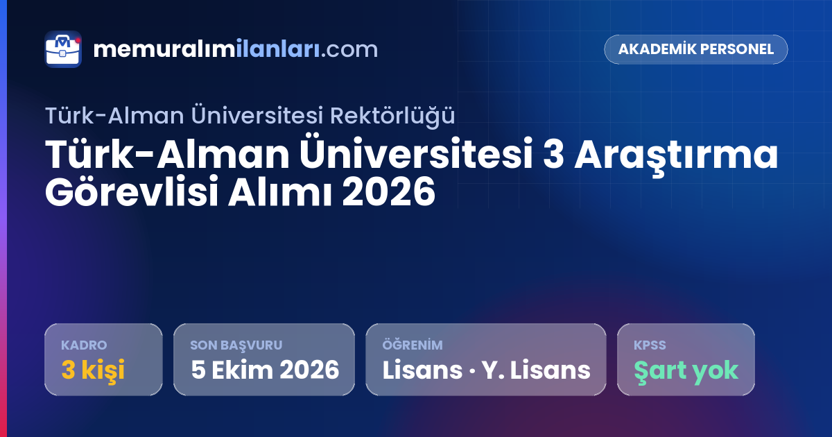 Türk-Alman Üniversitesi 3 Araştırma Görevlisi Alımı 2026 — ilan kartı: 3 kadro, son başvuru 5 Ekim 2026