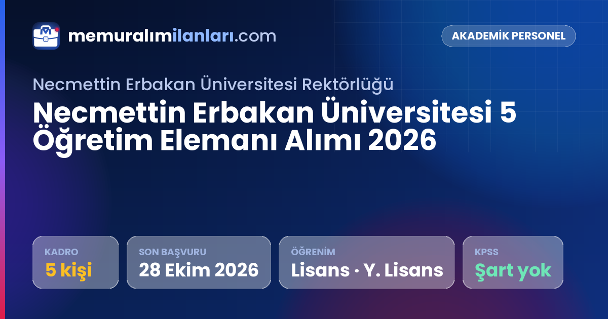 Necmettin Erbakan Üniversitesi 5 Öğretim Elemanı Alımı 2026 — ilan kartı: 5 kadro, son başvuru 28 Ekim 2026