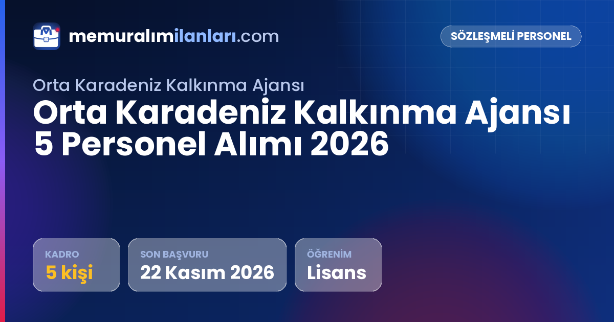 Orta Karadeniz Kalkınma Ajansı 5 Personel Alımı 2026 — ilan kartı: 5 kadro, son başvuru 22 Kasım 2026