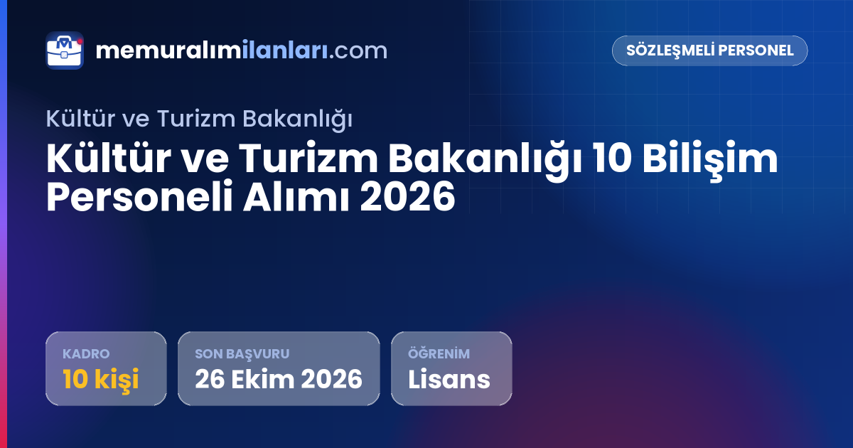 Kültür ve Turizm Bakanlığı 10 Bilişim Personeli Alımı 2026 — ilan kartı: 10 kadro, son başvuru 26 Ekim 2026