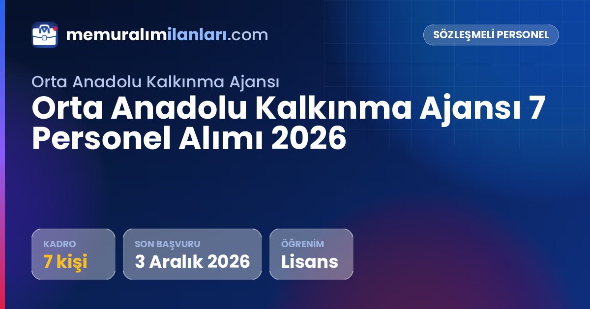 Orta Anadolu Kalkınma Ajansı 7 Personel Alımı 2026 — ilan kartı: 7 kadro, son başvuru 3 Aralık 2026