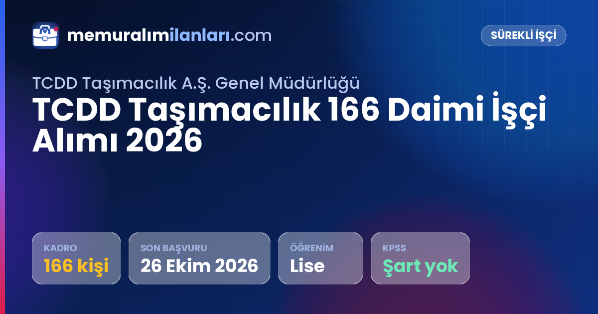 TCDD Taşımacılık 166 Daimi İşçi Alımı 2026 — ilan kartı: 166 kadro, son başvuru 26 Ekim 2026