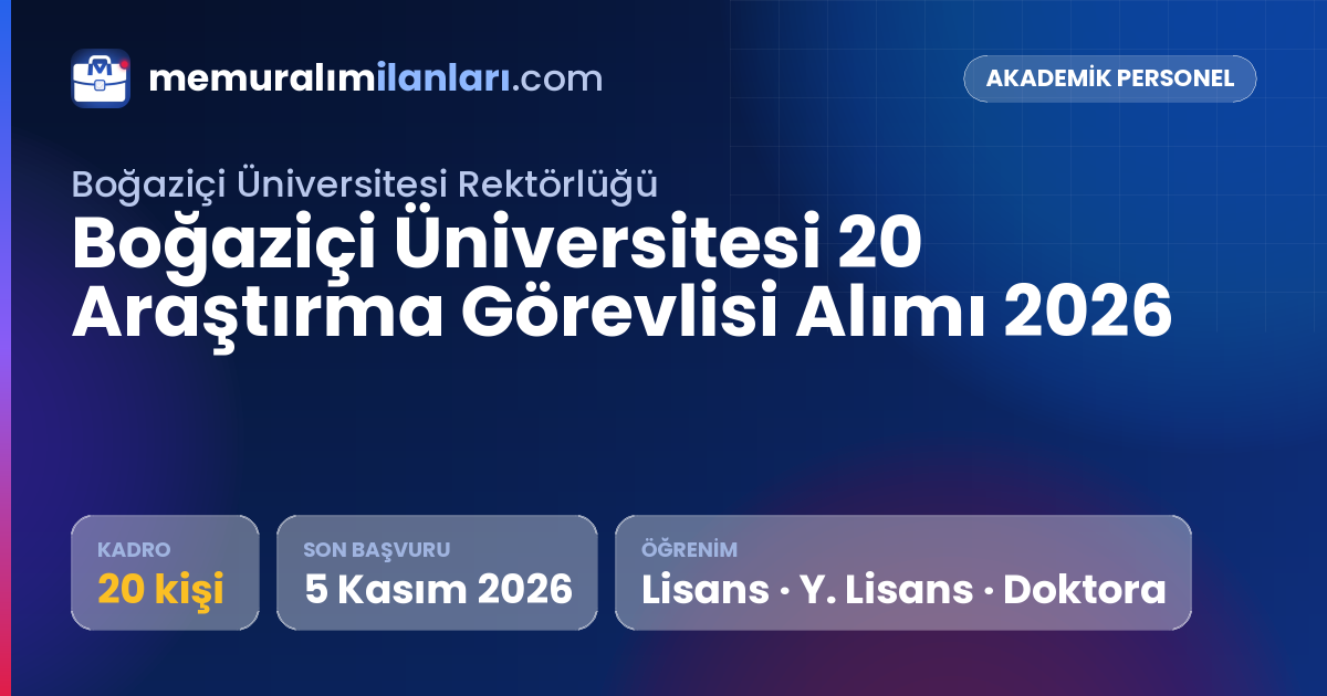 Boğaziçi Üniversitesi 20 Araştırma Görevlisi Alımı 2026 — ilan kartı: 20 kadro, son başvuru 5 Kasım 2026