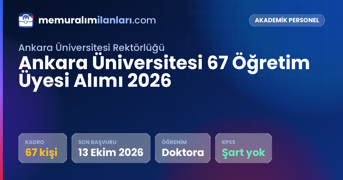 Ankara Üniversitesi 67 Öğretim Üyesi Alımı 2026 — ilan kartı: 67 kadro, son başvuru 13 Ekim 2026